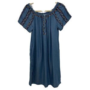 Knox‎ Rose Dress Womens S Off-Shoulder Denim Blue Embroidered Elastic Neckline